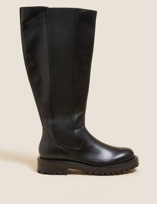 M&S Womens Leather Chunky Chelsea Knee High Boots