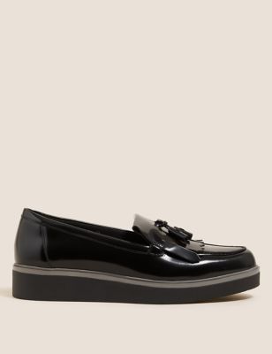 M&S Womens Wide Fit Leather Tassel Flatform Loafers