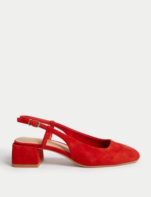 M&S Womens Suede Block Heel Slingback Sandals - 6 - Red, Red