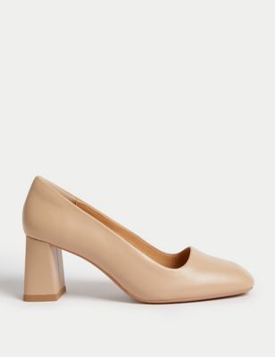 M&S Womens Wide Fit Leather Block Heel Court Shoes - 3 - Opaline, Opaline