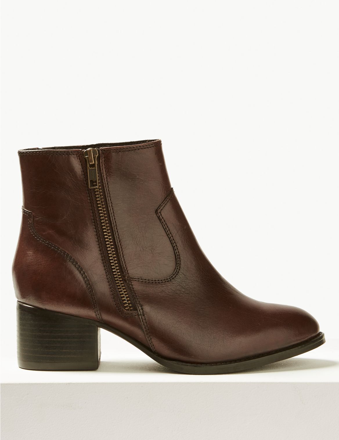 Leather Block Heel Ankle Boots Brown