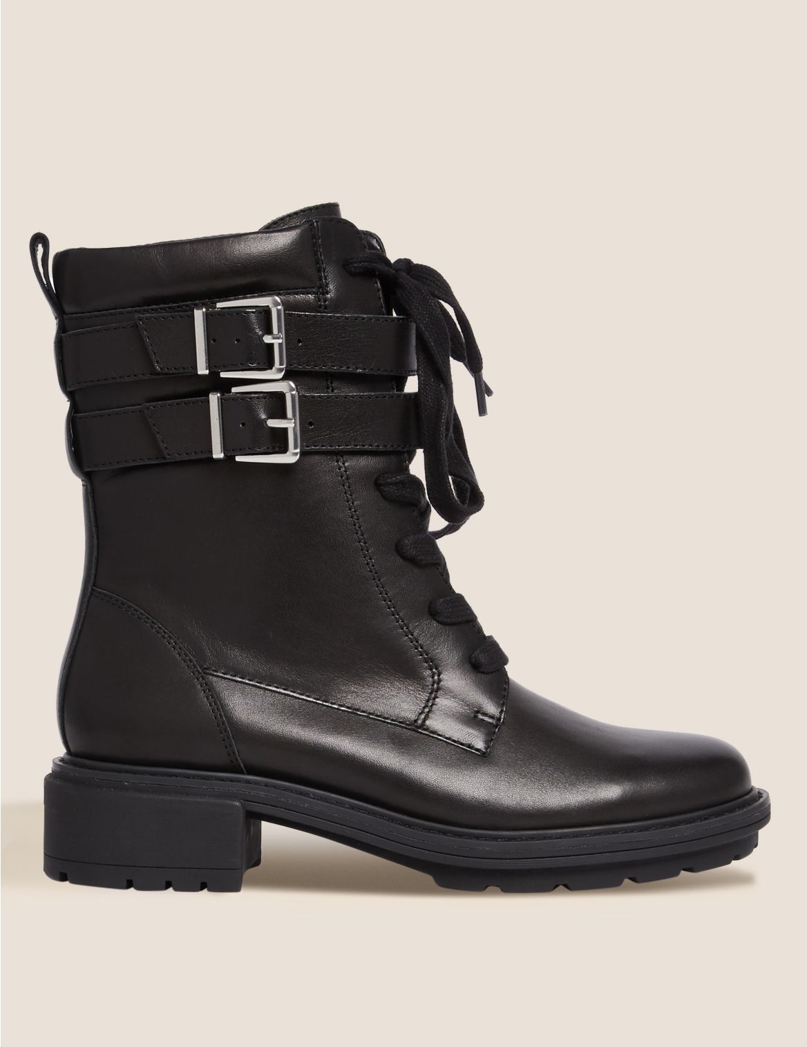 Leather Chunky Buckle Ankle Boots Black