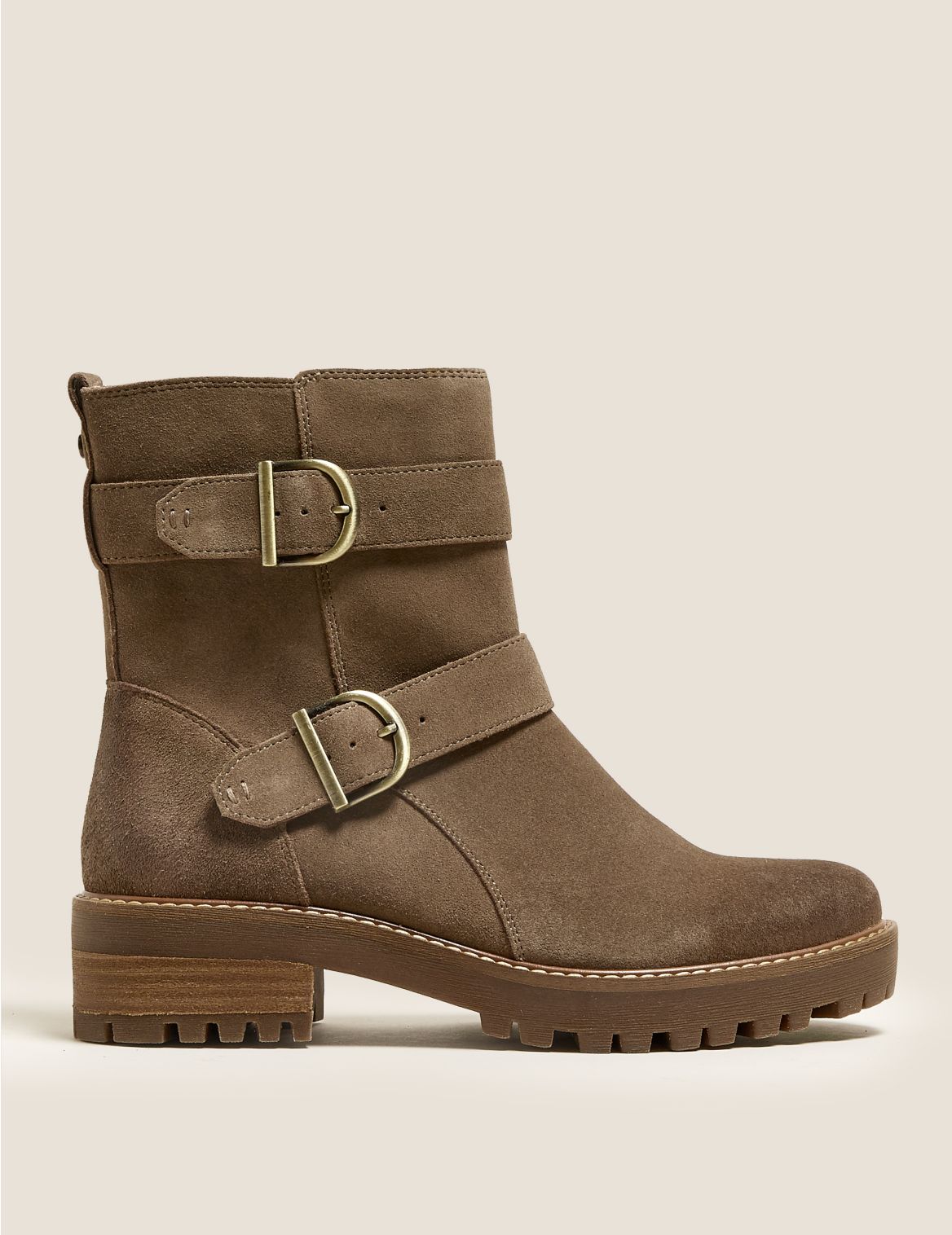 Suede Biker Buckle Ankle Boots Brown