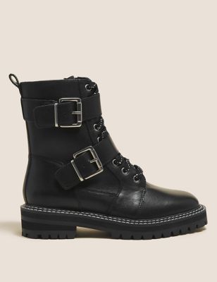 M&S Womens Leather Chunky Buckle Ankle Boots