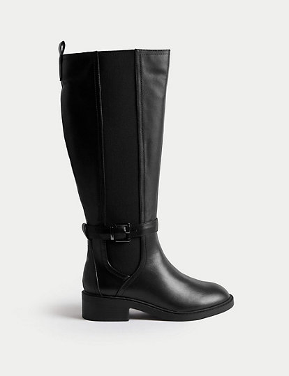 M&S Collection Riding Buckle Flat Knee High Boots - 3 - Black, Black