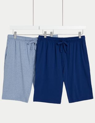 M&S Men's 2pk Cotton Rich Jersey Pyjama Shorts - Blue Mix, Blue Mix