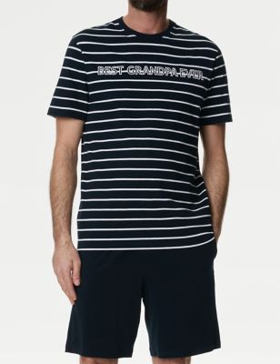 M&S Mens Pure Cotton Best Grandpa Slogan Pyjama Set - XL - Navy Mix, Navy Mix