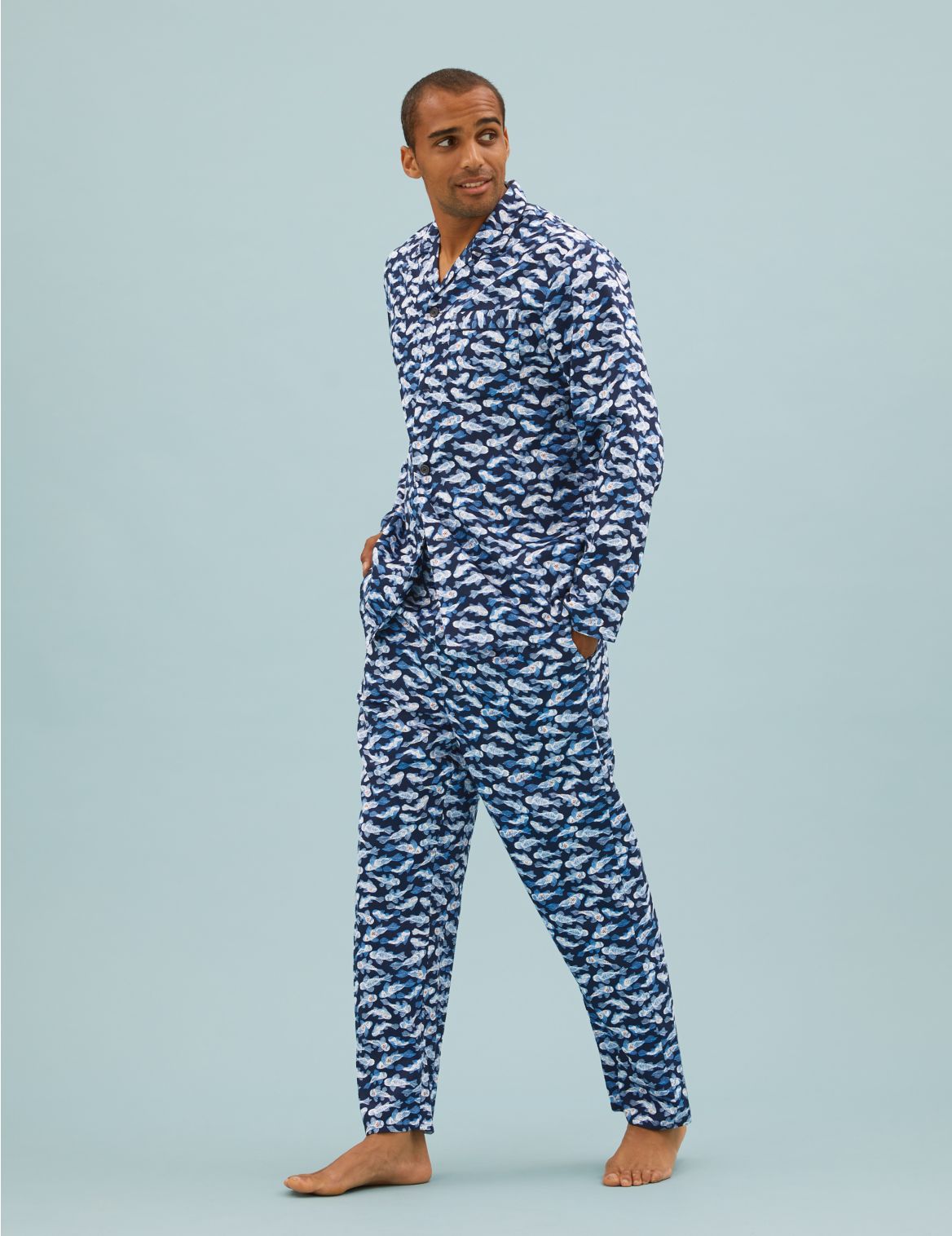 Pure Cotton Fish Print Pyjama Set navy