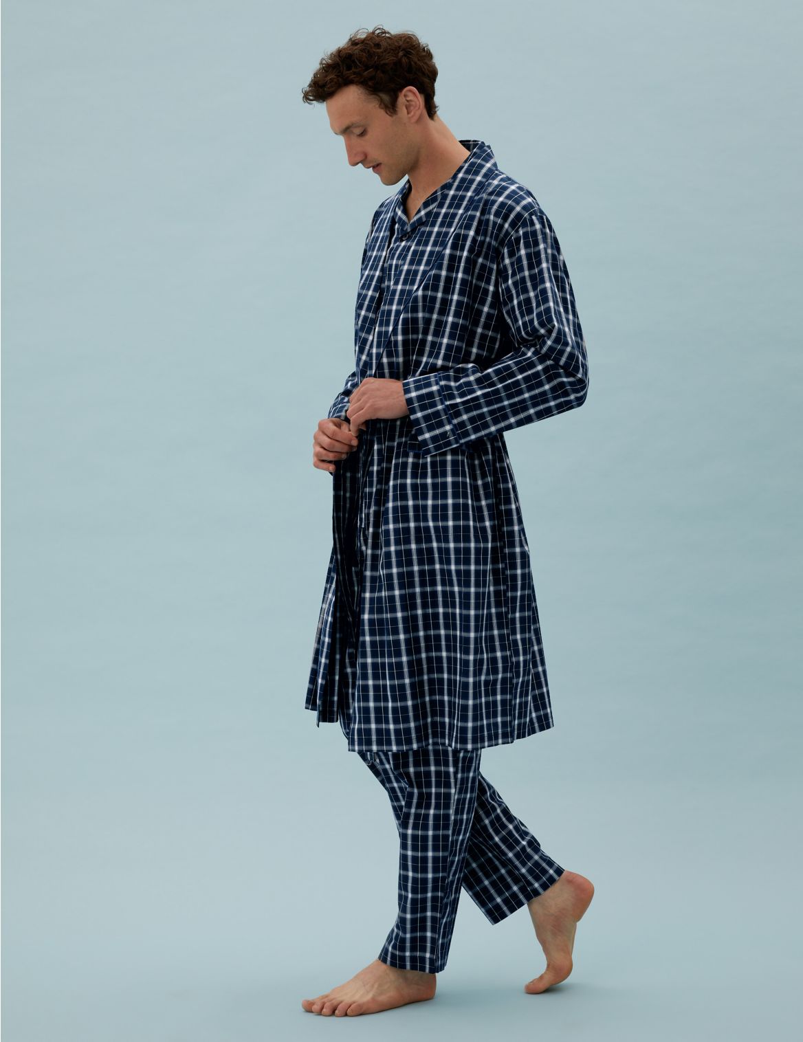 Cotton Lightweight Checked Dressing Gown navy