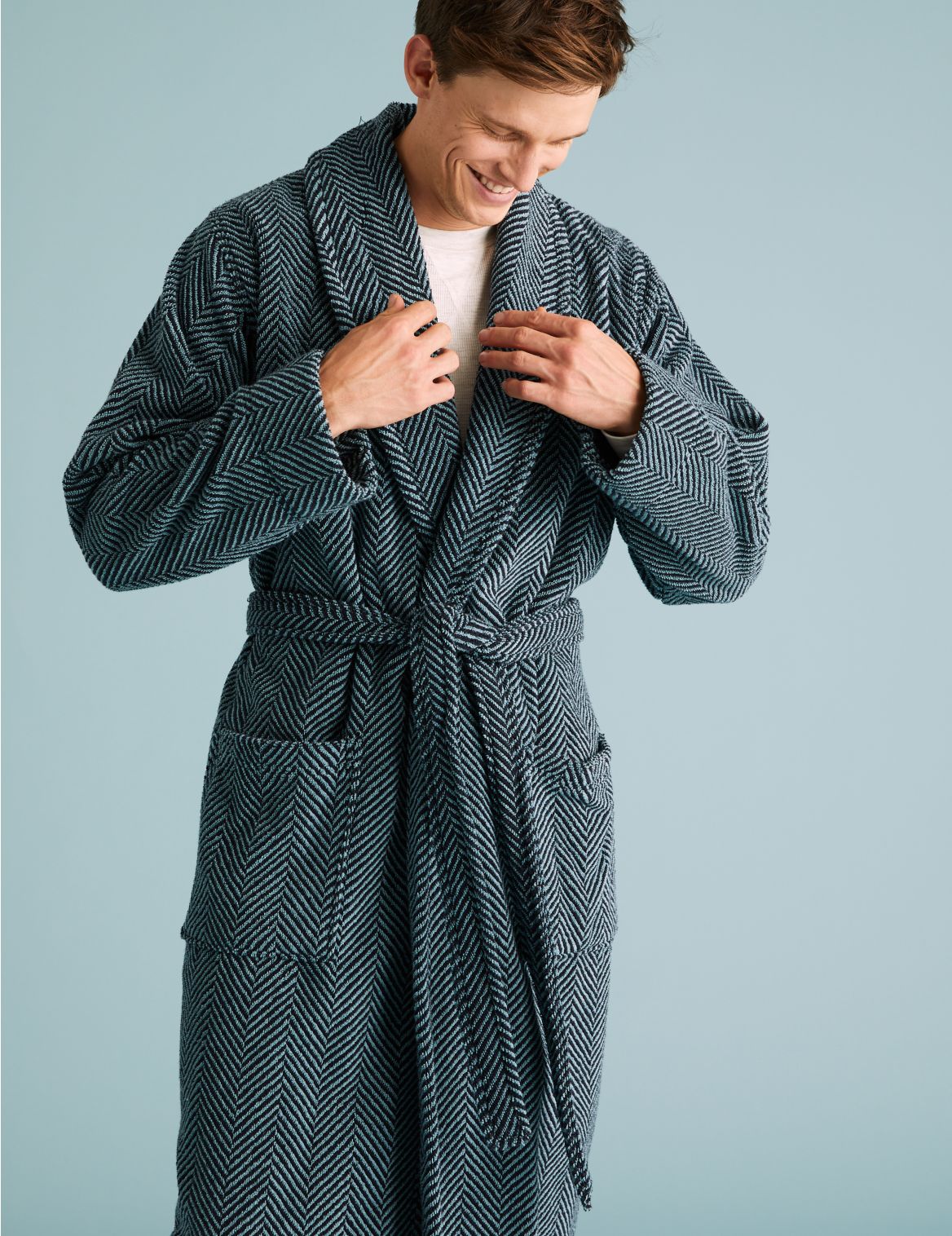Pure Cotton Striped Towelling Dressing Gown blue