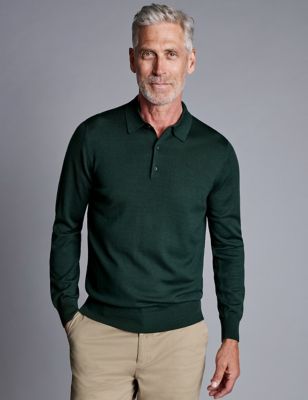 Charles Tyrwhitt Mens Pure Merino Wool Knitted Polo Shirt - Green, Green,Grey