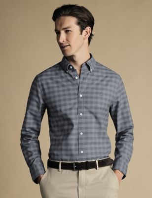 Charles Tyrwhitt Mens Slim Fit Cotton Stretch Check Oxford Shirt - Grey, Grey