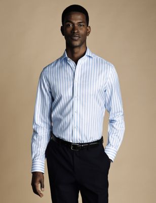 Charles Tyrwhitt Mens Slim Fit Non Iron Pure Cotton Twill Stripe Shirt - 14.533 - Blue, Blue