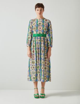 Lk Bennett Women's Pure Silk Printed Midi Waisted Dress - 12 - Multi, Multi