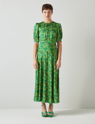 Lk Bennett Womens Floral Midi Waisted Dress - 18 - Green Mix, Green Mix
