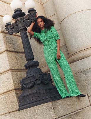 Lk Bennett Womens Printed Collared Puff Sleeve Peplum Blouse - 12 - Green Mix, Green Mix