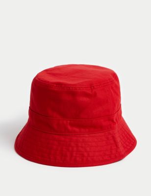 M&S Men's Pure Cotton Herringbone Bucket Hat - L-XL - Red, Red