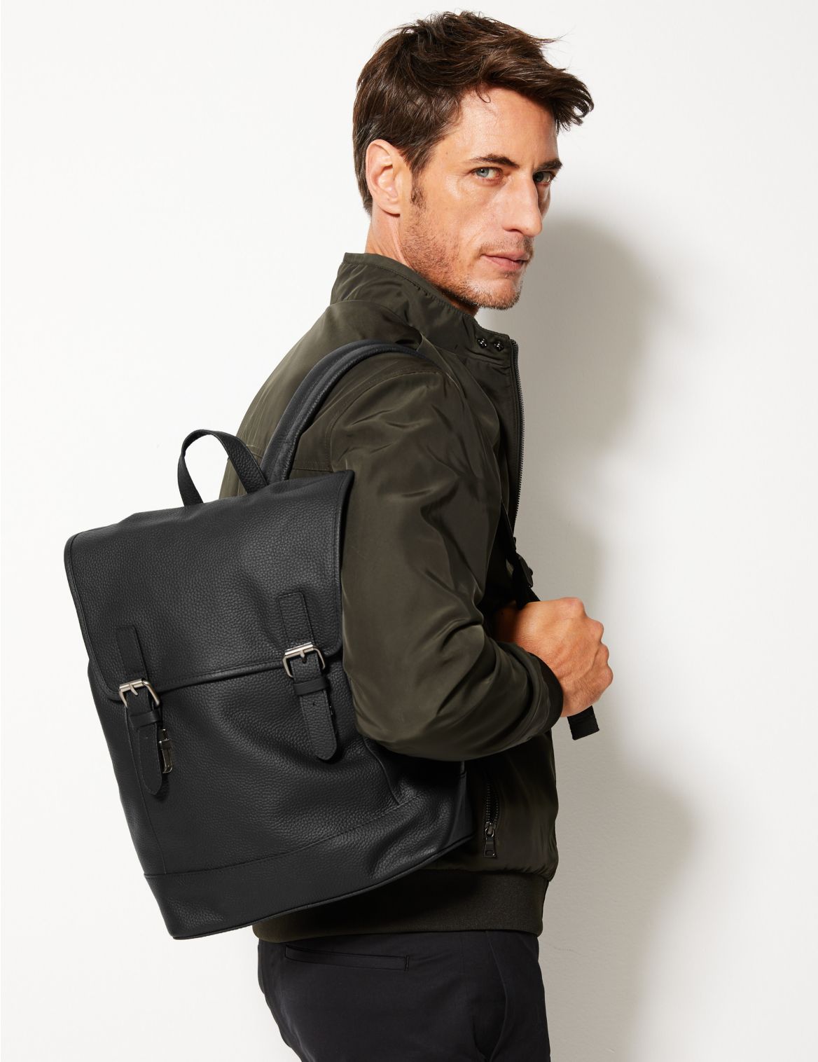 Leather Buckle Backpack black