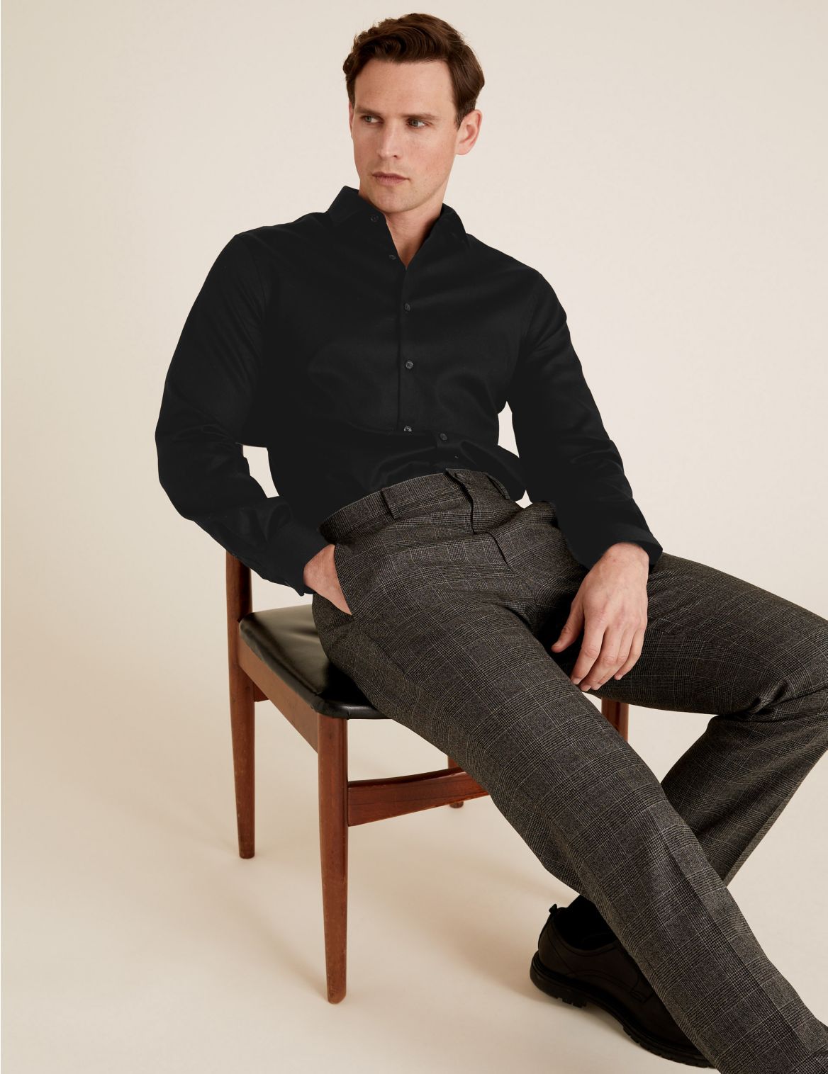 Tailored Fit Pure Cotton Textured Shirt black
