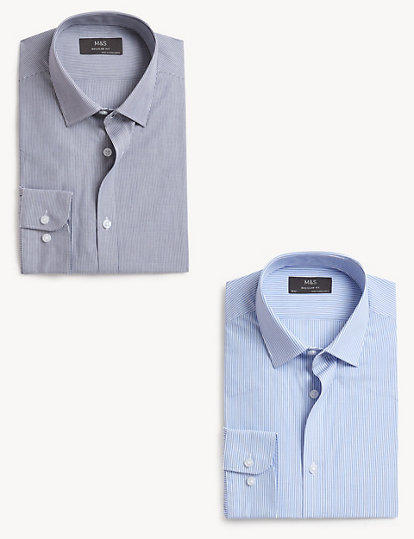 M&S Collection 2Pk Regular Fit Striped Long Sleeve Shirts - 18.5 - Blue Mix, Blue Mix