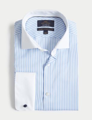 M&S Sartorial Mens Tailored Fit Luxury Cotton Double Cuff Striped Shirt - 17 - Light Blue, Light Blu