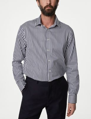 M&S Sartorial Men's Regular Fit Easy Iron Luxury Cotton Bold Stripe Shirt - 15 - Navy Mix, Navy Mix,