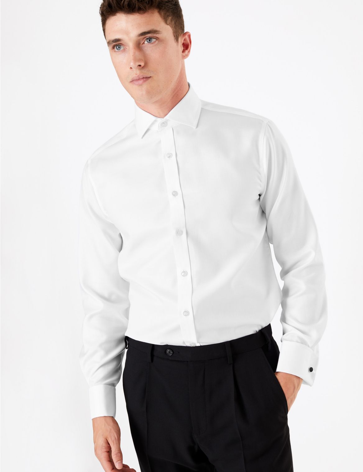 Shorter Length Tailored Fit Twill Shirt white