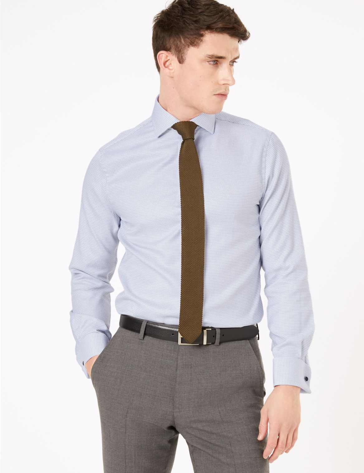 Tailored Fit Pure Cotton Textured Shirt grey