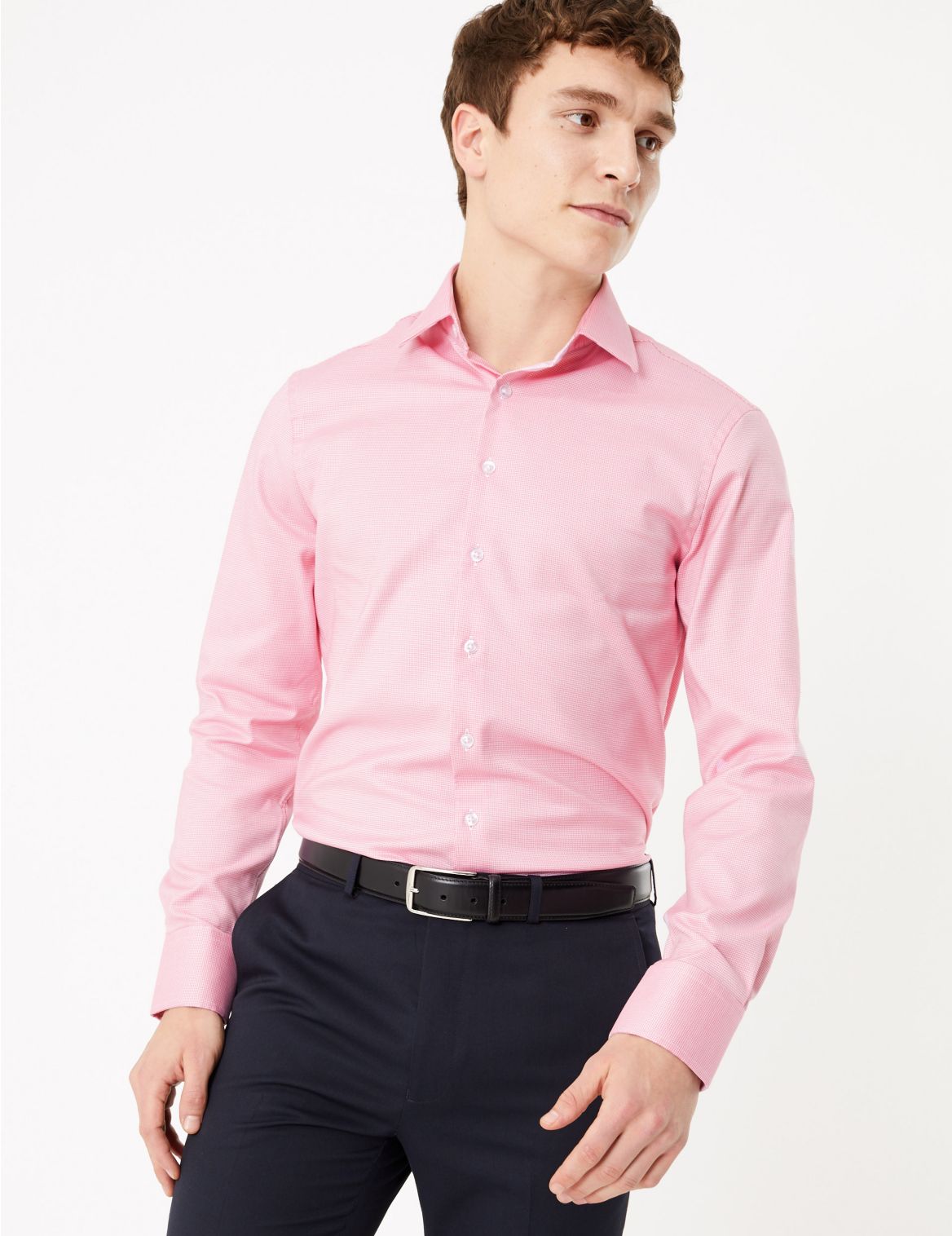 Slim Fit Cotton Dogtooth Shirt pink