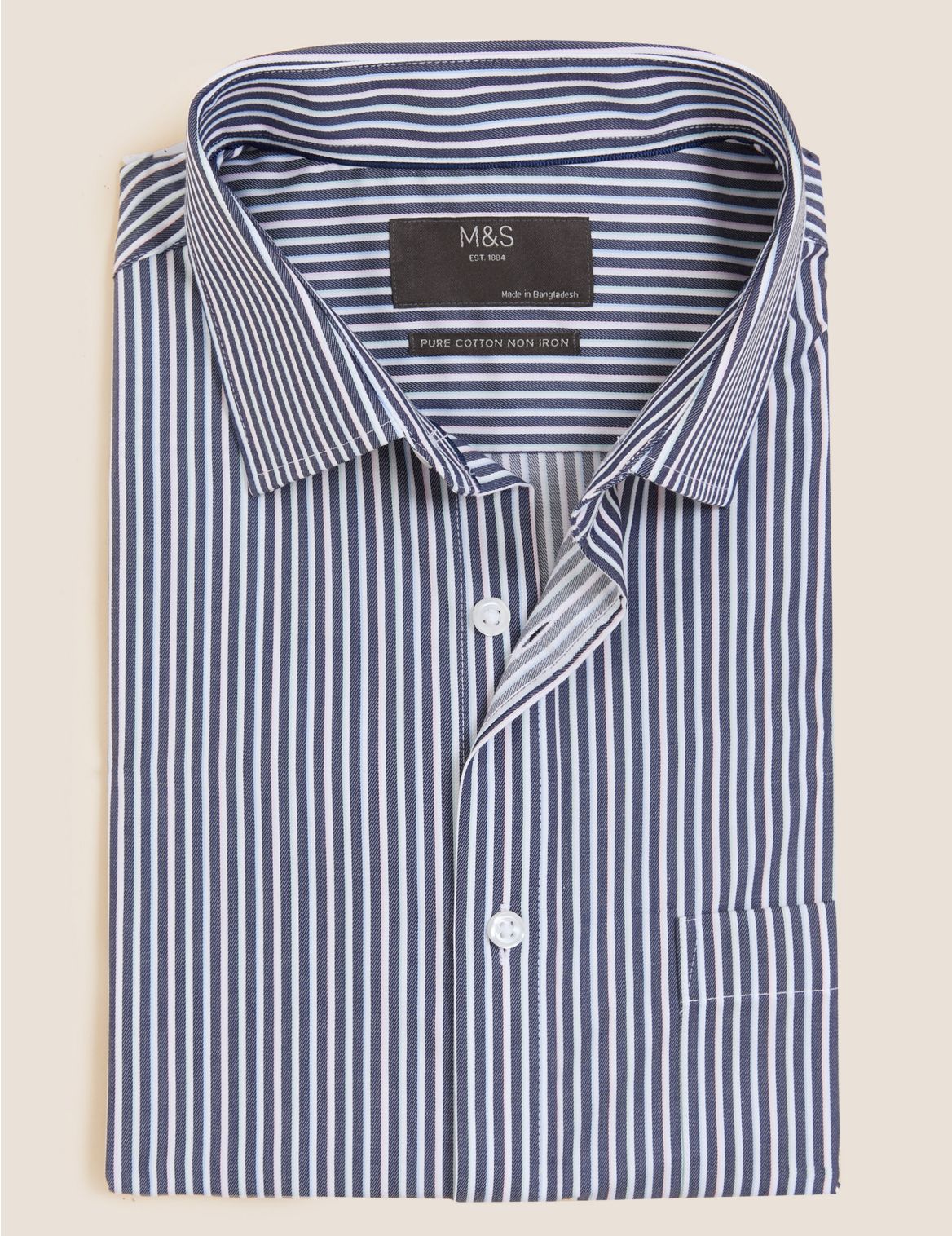 Regular Fit Pure Cotton Striped Short Sleeve Shirt navy
