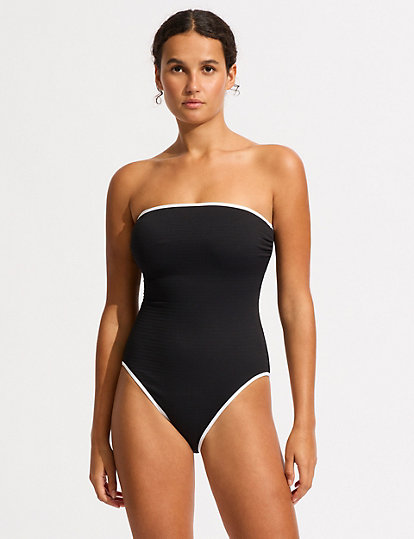 seafolly textured padded bandeau swimsuit - 16 - black mix, black mix