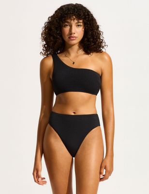 Seafolly Womens Sea Dive Textured One Shoulder Bikini Top - 10 - Black, Black
