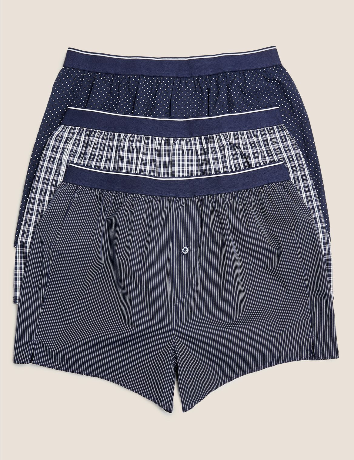 3 Pack Pure Cotton StayNew&trade; Woven Boxers navy