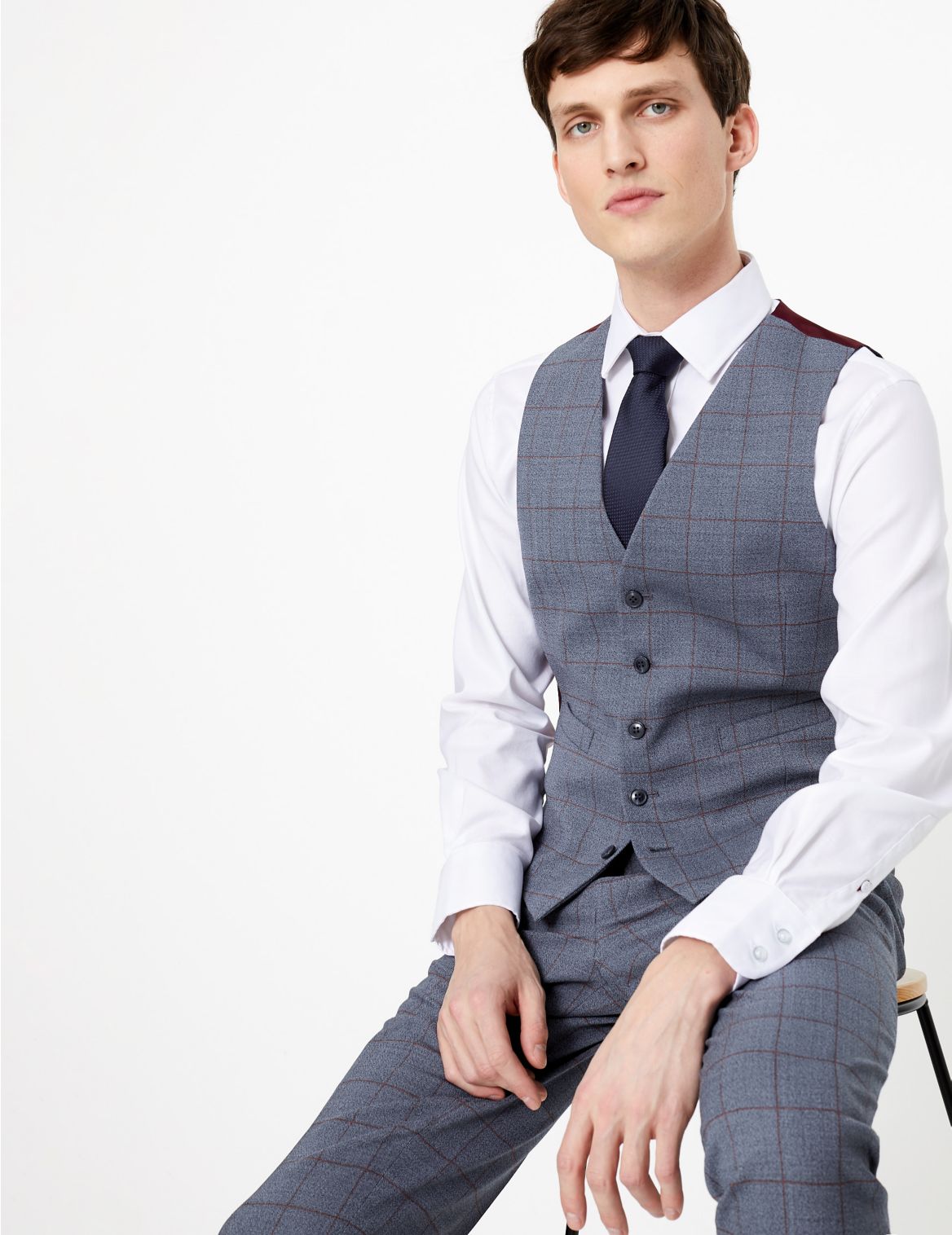 Blue Checked Slim Fit Waistcoat blue