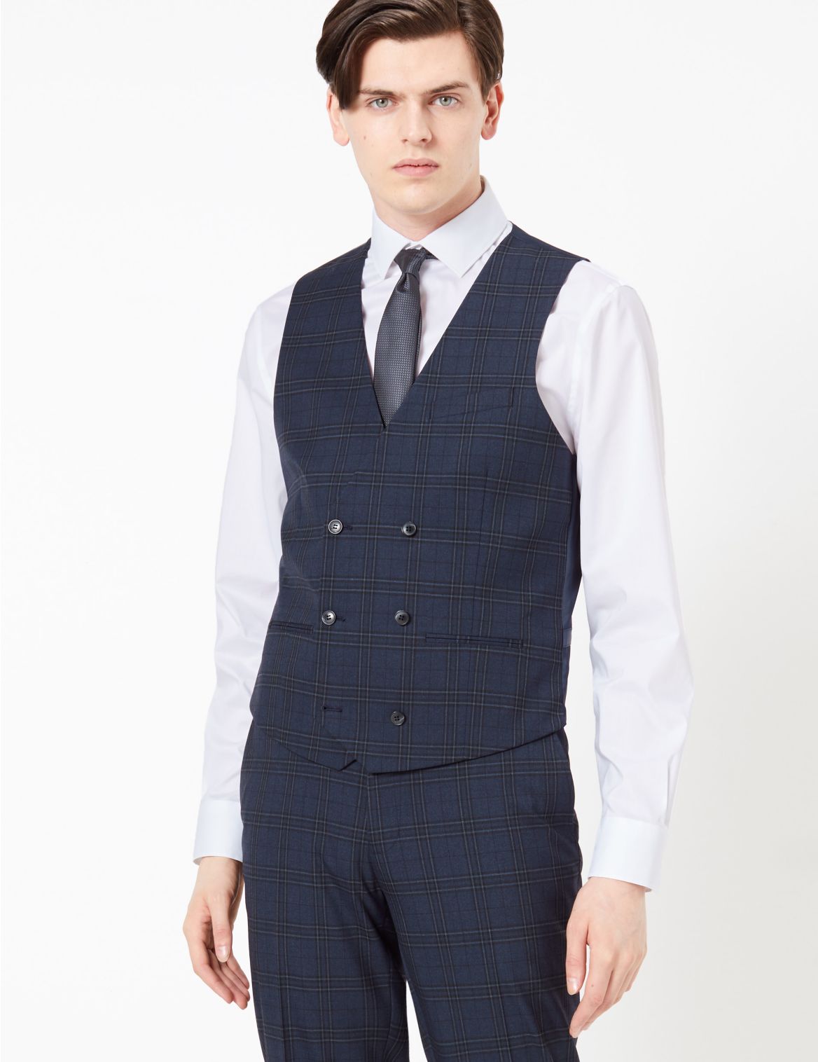 Slim Fit Checked Waistcoat blue