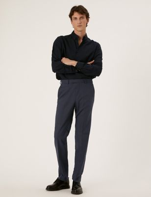 M&S Mens Navy Tailored Fit Micro Texture Trousers