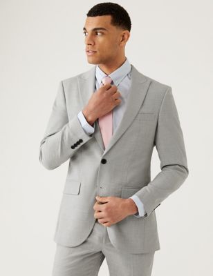 M&S Mens Slim Fit Prince of Wales Check Suit Jacket - 36LNG - Light Grey, Light Grey