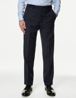 M&S Sartorial Mens Regular Fit Pure Wool Check Suit Trousers - 34REG - French Navy, French Navy