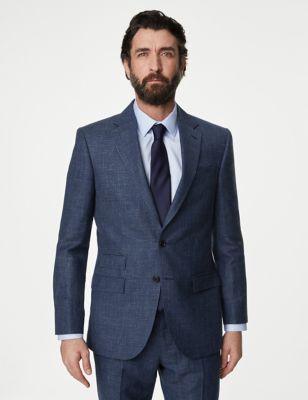 M&S Sartorial Mens Regular Fit British Wool Linen Blend Check Suit Jacket - 40REG - Indigo, Indigo