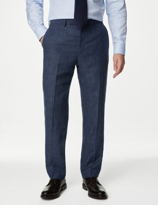 M&S Sartorial Mens British Wool Linen Blend Check Suit Trousers - 42LNG - Indigo, Indigo