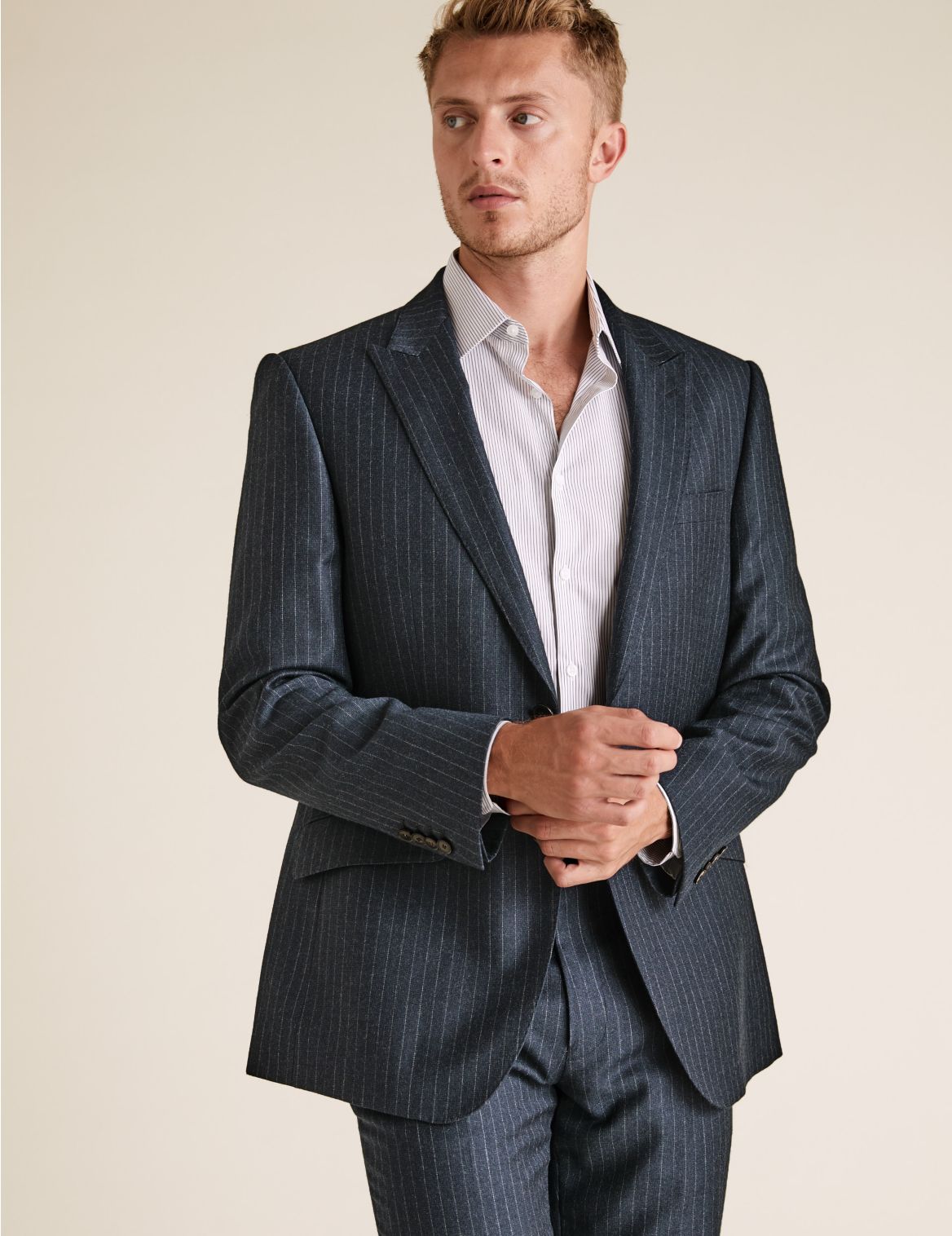 Tailored Fit Pure Wool Pinstripe Jacket navy