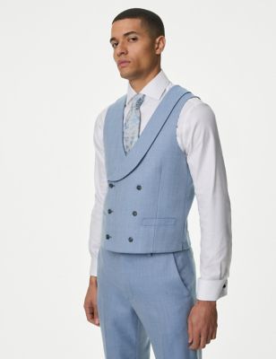 M&S Mens Slim Fit Wool Blend Herringbone Waistcoat - 40REG - Blue, Blue,Khaki