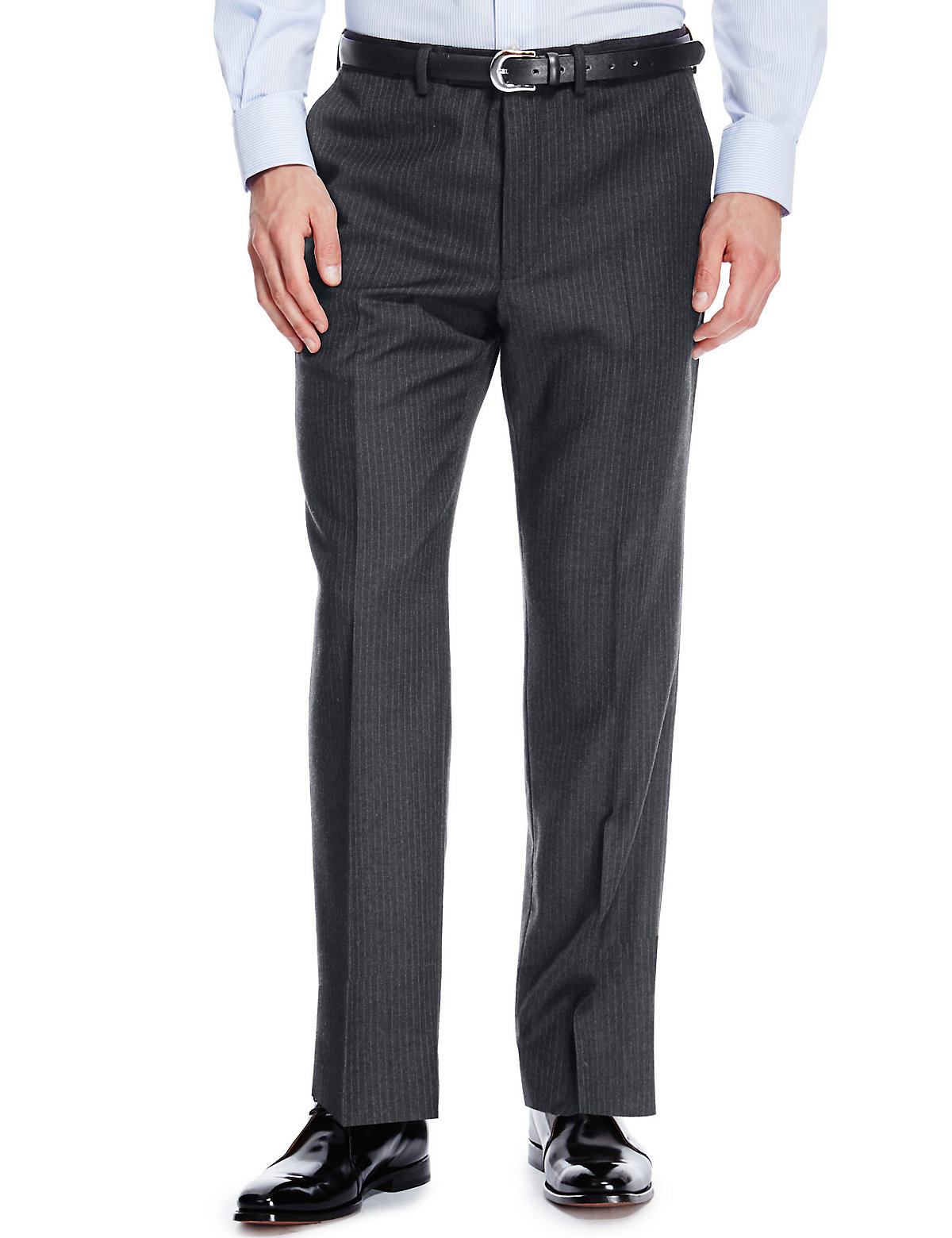Luxury Sartorial Pure Wool Flat Front Striped Trousers | Feedworks