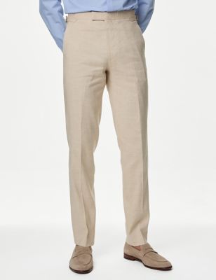 M&S Mens Tailored Fit Italian Linen Miracle Trousers - 32REG - Neutral, Neutral,Light Blue