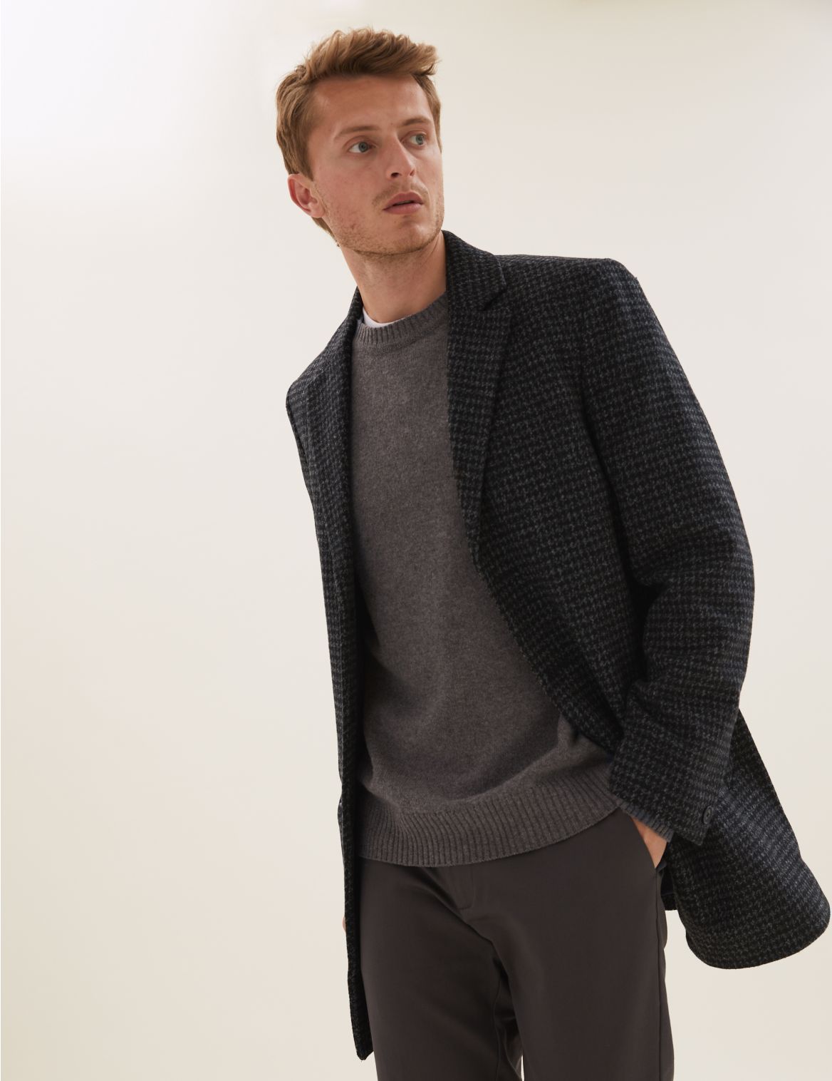 Revere Puppytooth Overcoat with Wool grey