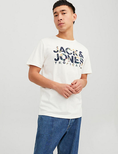 Jack & Jones Pure Cotton Logo Print Crew Neck T-Shirt - Grey Mix, Grey Mix
