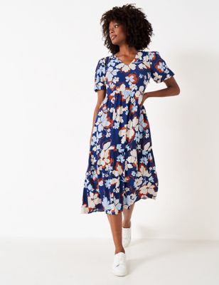 Crew Clothing Womens Floral V-Neck Puff Sleeve Midi Tiered Dress - 8 - Blue Mix, Blue Mix