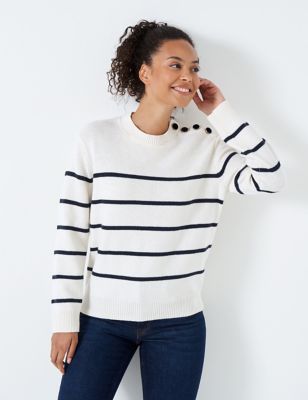 Crew Clothing Womens Lambswool Rich Striped Button Detail Jumper - 12 - Navy Mix, Navy Mix