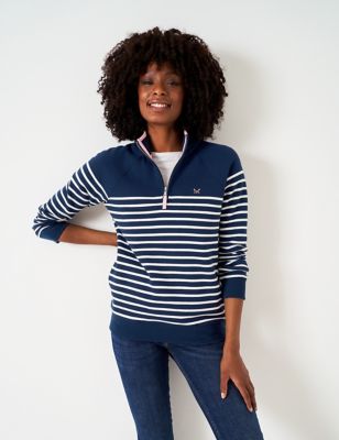 Crew Clothing Womens Cotton Rich Striped Half Zip Sweatshirt - 14 - Blue Mix, Blue Mix
