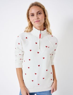 Crew Clothing Womens Cotton Rich Heart Embroidery Half Zip Sweatshirt - 8 - White Mix, White Mix